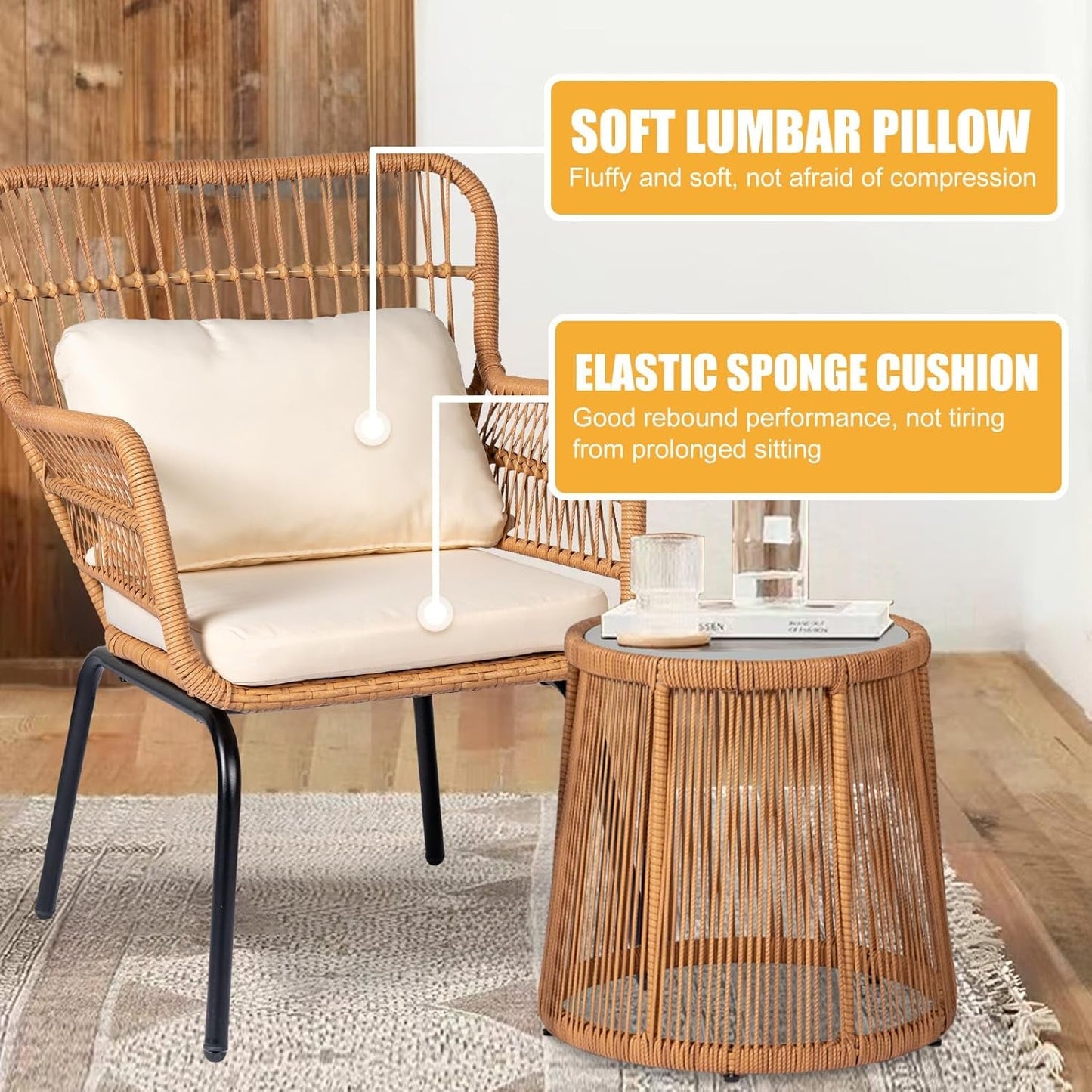 3 Pieces Outdoor Wicker Bistro Patio Furniture Set, Porch Furniture Rattan Conversation Sets with Side Table and Cushions for Garden Poolside Backyard, Yellow/Beige-3