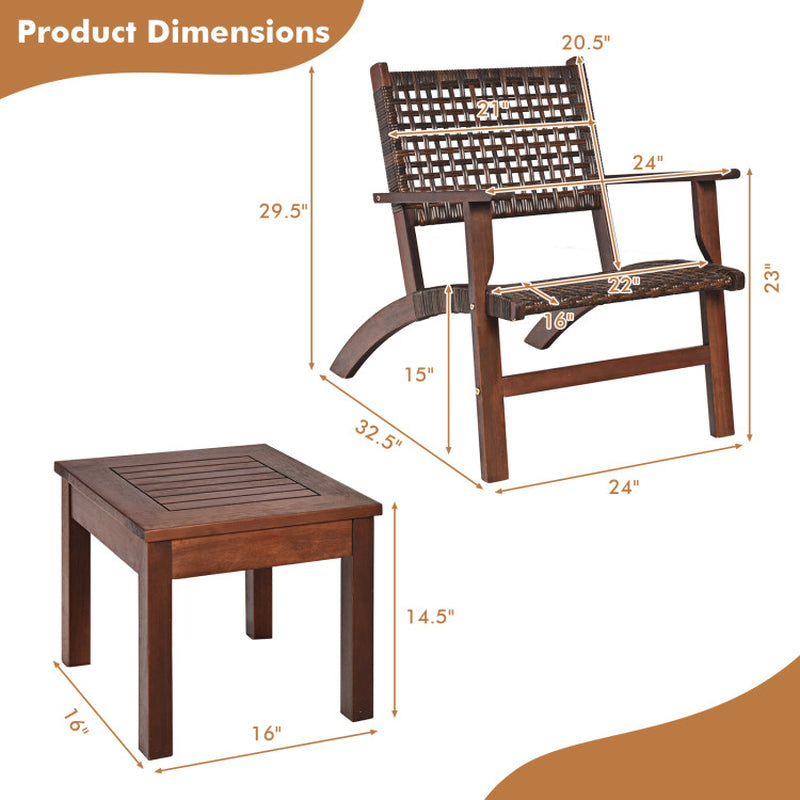 3 Pieces Outdoor Wooden Patio Rattan Furniture Set-3